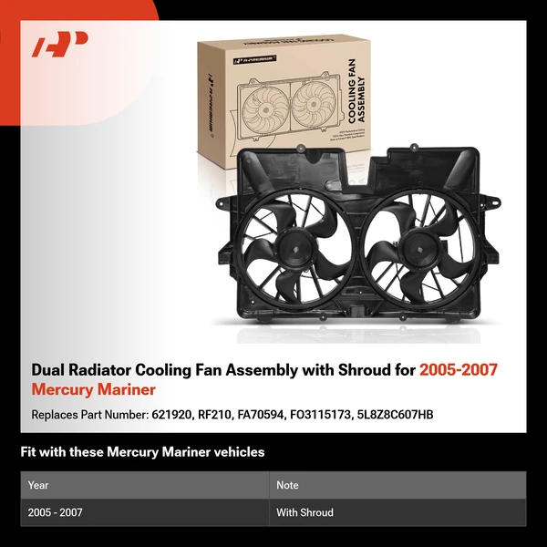 Dual Radiator Cooling Fan Assembly with Shroud for 2005-2007 Mercury Mariner
