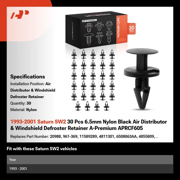 1993-2001 Saturn SW2 30 Pcs 6.5mm Nylon Black Air Distributor & Windshield Defroster Retainer A-Premium APRCF605