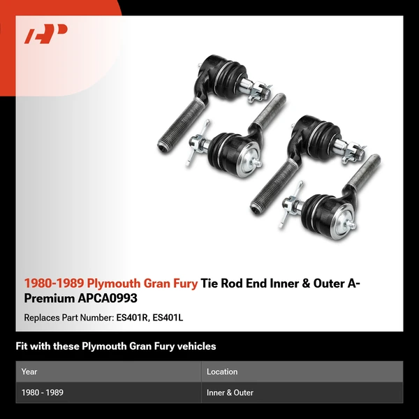 1980-1989 Plymouth Gran Fury Tie Rod End Inner & Outer A-Premium APCA0993