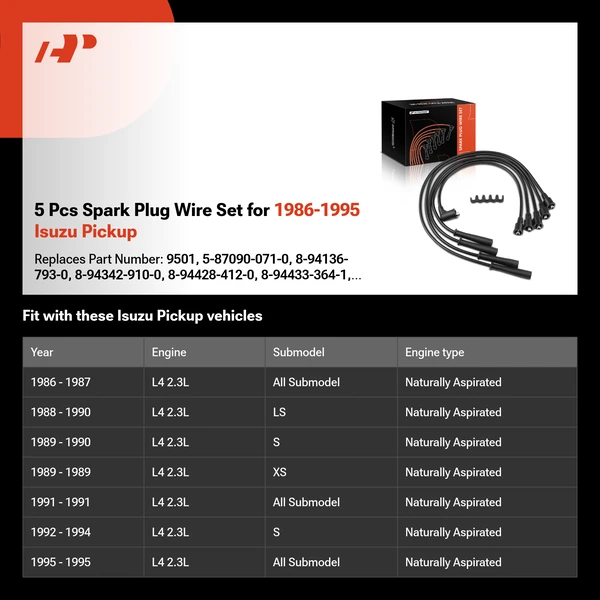 5 Pcs Spark Plug Wire Set for 1986-1995 Isuzu Pickup