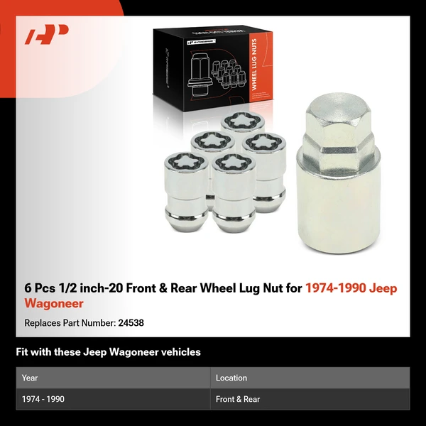 6 Pcs 1/2 inch-20 Front & Rear Wheel Lug Nut for 1974-1990 Jeep Wagoneer
