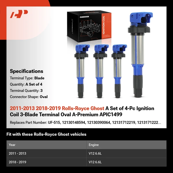 2011-2013 2018-2019 Rolls-Royce Ghost A Set of 4-Pc Ignition Coil 3-Blade Terminal Oval A-Premium APIC1499