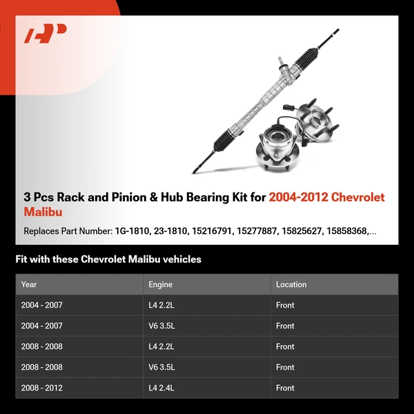 3 Pcs Rack and Pinion & Hub Bearing Kit for 2004-2012 Chevrolet Malibu