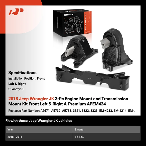 2018 Jeep Wrangler JK 3-Pc Engine Mount and Transmission Mount Kit Front Left & Front Right A-Premium APEM424