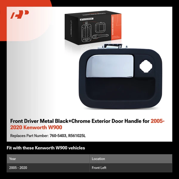 Front Driver Metal Black+Chrome Exterior Door Handle for 2005-2020 Kenworth W900