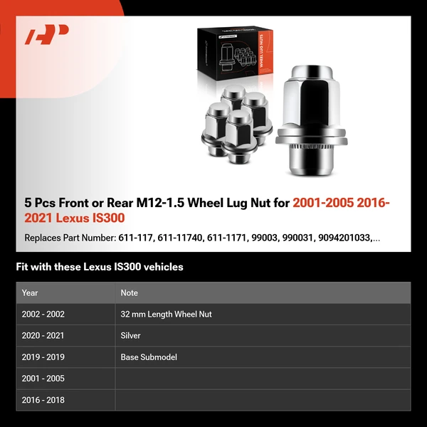 5 Pcs Front or Rear M12-1.5 Wheel Lug Nut for 2001-2005 2016-2021 Lexus IS300
