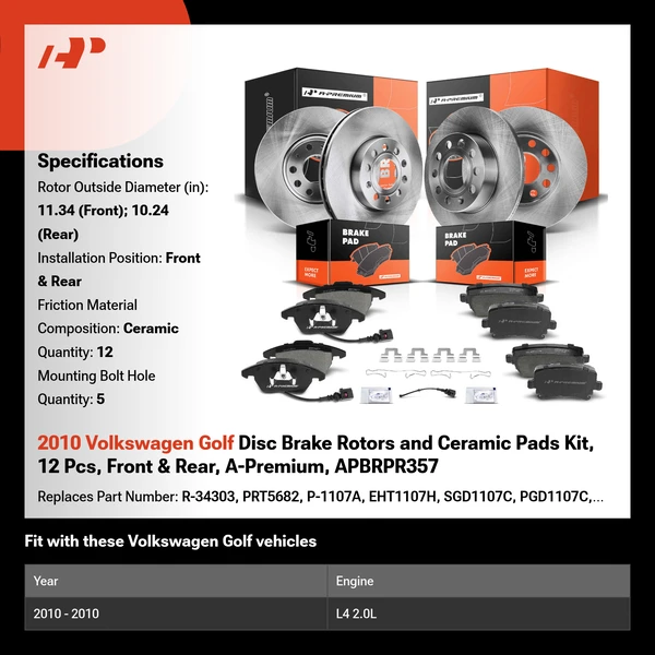 2010 Volkswagen Golf Disc Brake Rotors and Ceramic Pads Kit, 12 Pcs, Front & Rear, A-Premium, APBRPR357