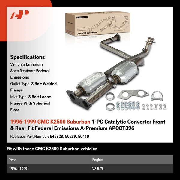 1996-1999 GMC K2500 Suburban 1-PC Catalytic Converter Front & Rear Fit Federal Emissions A-Premium APCCT396