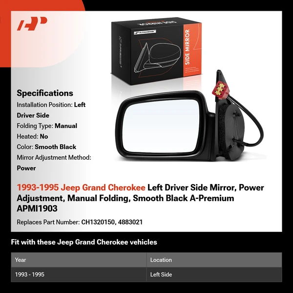 1993-1995 Jeep Grand Cherokee Left Driver Side Mirror, Power Adjustment, Manual Folding, Smooth Black A-Premium APMI1903
