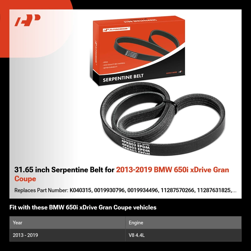 31.65 inch Serpentine Belt for 2013-2019 BMW 650i xDrive Gran Coupe