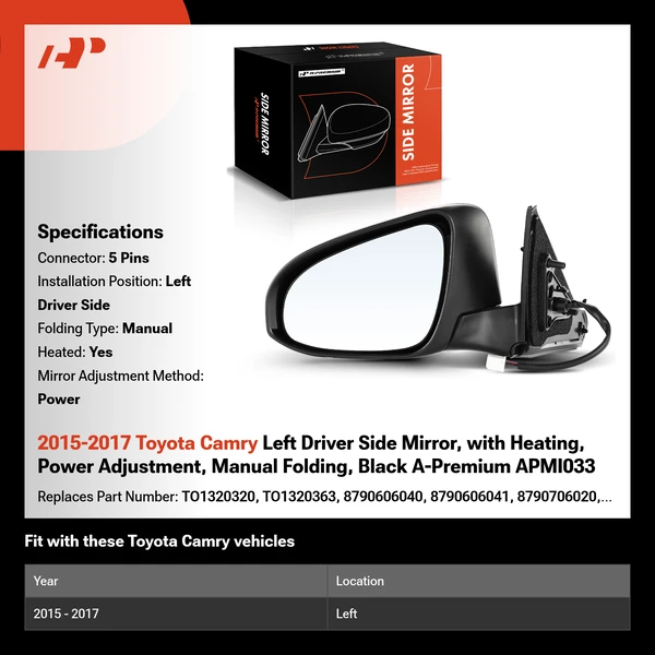 2015-2017 Toyota Camry Left Driver Side Mirror, with Heating, Power Adjustment, Manual Folding, Black A-Premium APMI033