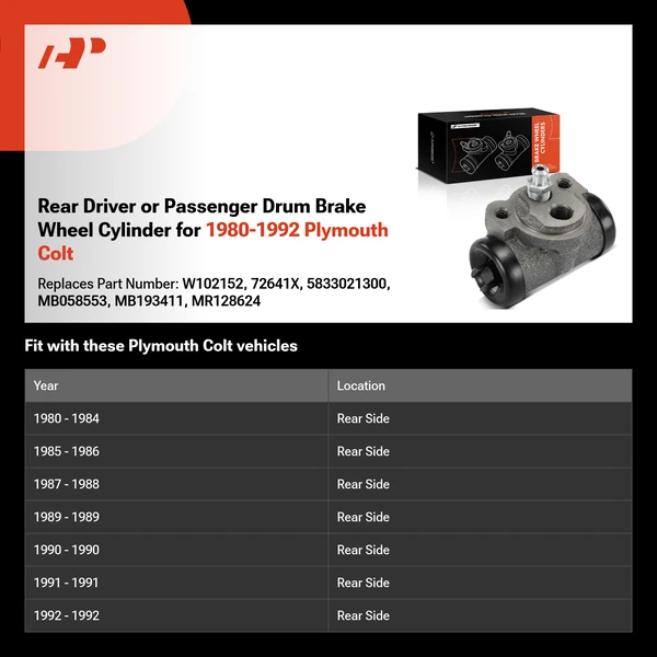 Rear Driver or Passenger Drum Brake Wheel Cylinder for 1980-1992 Plymouth Colt
