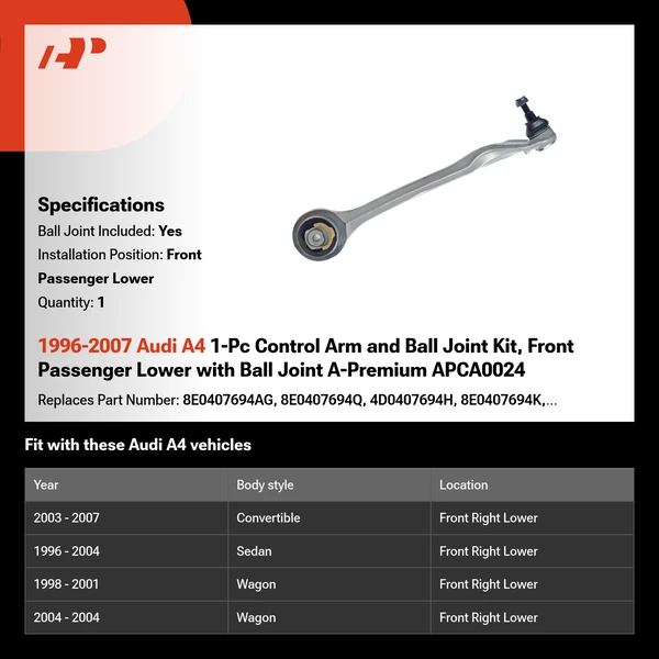 1996-2007 Audi A4 1-Pc Control Arm and Ball Joint Kit, Front Passenger Lower with Ball Joint A-Premium APCA0024