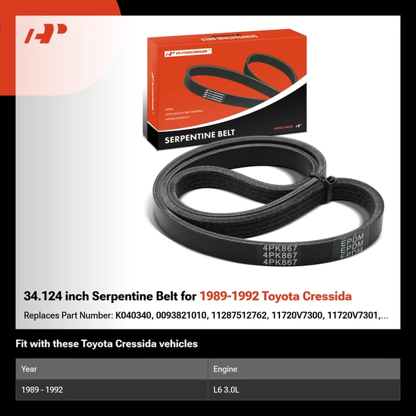 34.124 inch Serpentine Belt for 1989-1992 Toyota Cressida