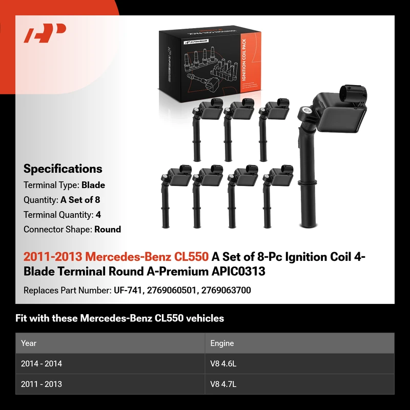 2011-2013 Mercedes-Benz CL550 A Set of 8-Pc Ignition Coil 4-Blade Terminal Round A-Premium APIC0313