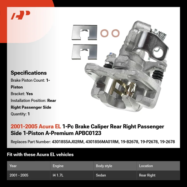 2001-2005 Acura EL 1-Pc Brake Caliper Rear Right Passenger Side 1-Piston A-Premium APBC0123