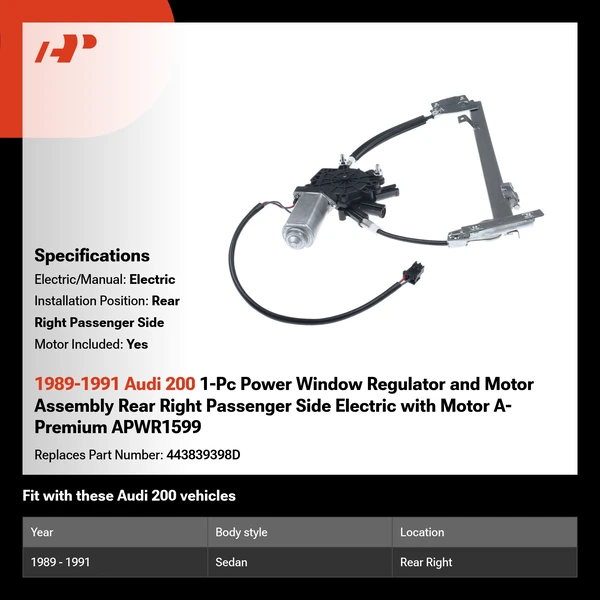 1989-1991 Audi 200 1-Pc Power Window Regulator and Motor Assembly Rear Right Passenger Side Electric with Motor A-Premium APWR1599