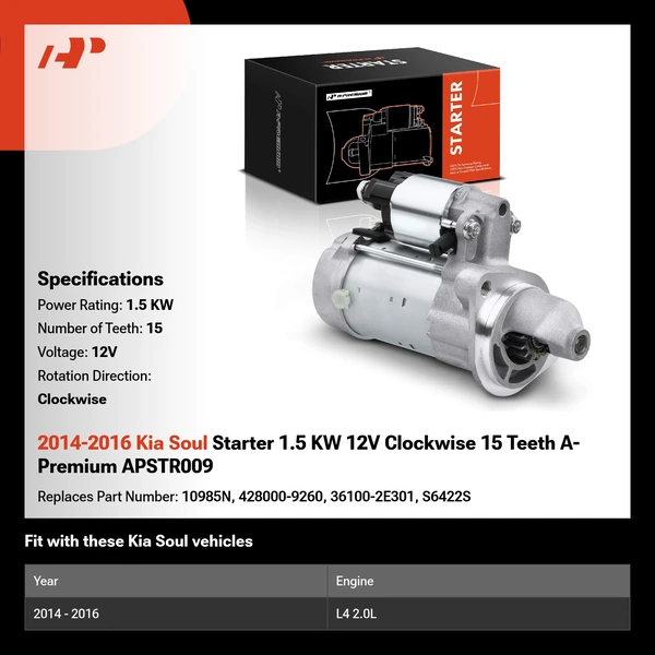 2014-2016 Kia Soul Starter 1.5 KW 12V Clockwise 15 Teeth A-Premium APSTR009