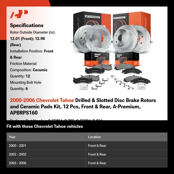 2000-2006 Chevrolet Tahoe Drilled & Slotted Disc Brake Rotors and Ceramic Pads Kit, 12 Pcs, Front & Rear, A-Premium, APBRPS160