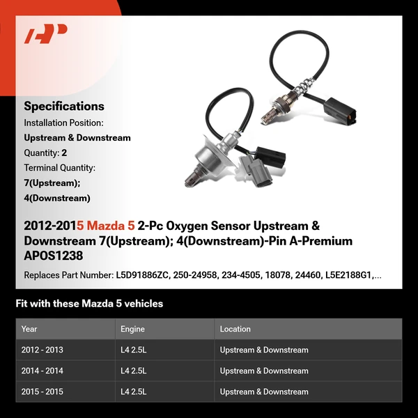 2012-2015 Mazda 5 2-Pc Oxygen Sensor Upstream & Downstream 7(Upstream); 4(Downstream)-Pin A-Premium APOS1238