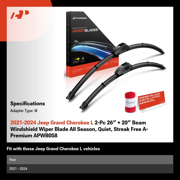 2021-2024 Jeep Grand Cherokee L 2-Pc 26″ + 20″ Beam Windshield Wiper Blade All Season, Quiet, Streak Free A-Premium APWB058