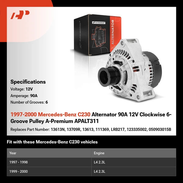 1997-2000 Mercedes-Benz C230 Alternator 90A 12V Clockwise 6-Groove Pulley A-Premium APALT311
