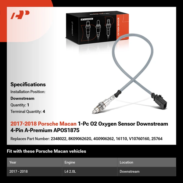 2017-2018 Porsche Macan 1-Pc O2 Oxygen Sensor Downstream 4-Pin A-Premium APOS1875