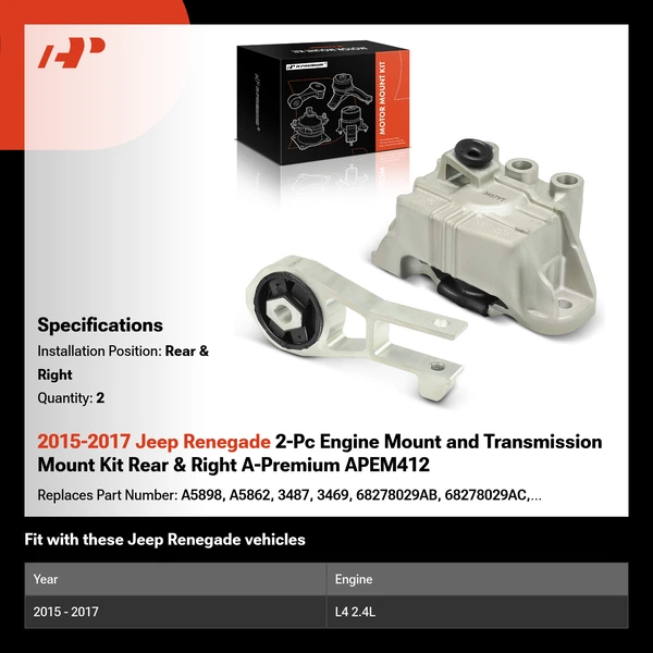 2015-2017 Jeep Renegade 2-Pc Engine Mount and Transmission Mount Kit Rear & Right A-Premium APEM412