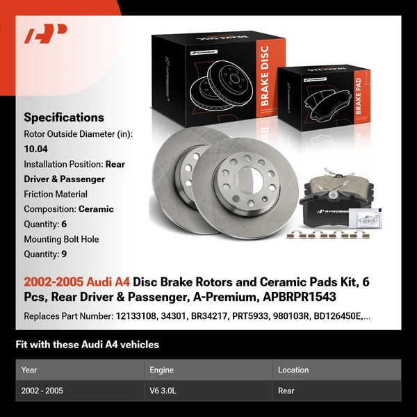 2002-2005 Audi A4 Disc Brake Rotors and Ceramic Pads Kit, 6 Pcs, Rear Driver & Passenger, A-Premium, APBRPR1543