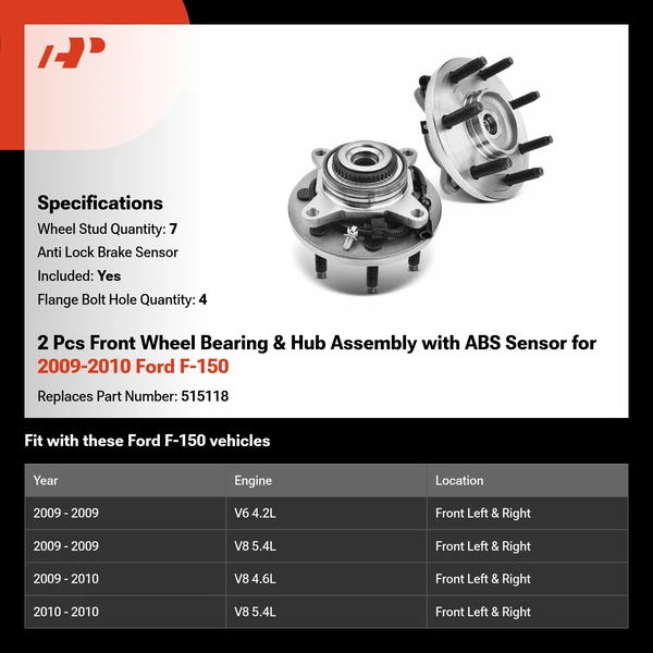 2 Pcs Front Wheel Bearing & Hub Assembly with ABS Sensor for 2009-2010 Ford F-150