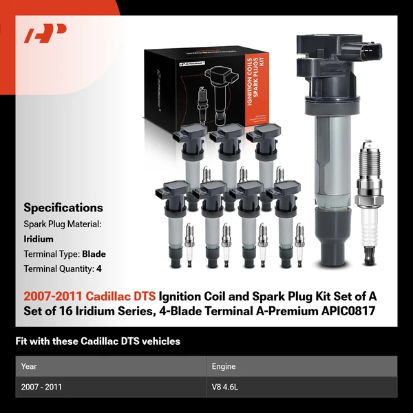2007-2011 Cadillac DTS Ignition Coil and Spark Plug Kit Set of A Set of 16 Iridium Series, 4-Blade Terminal A-Premium APIC0817
