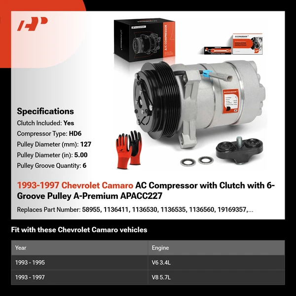 1993-1997 Chevrolet Camaro AC Compressor with Clutch with 6-Groove Pulley A-Premium APACC227