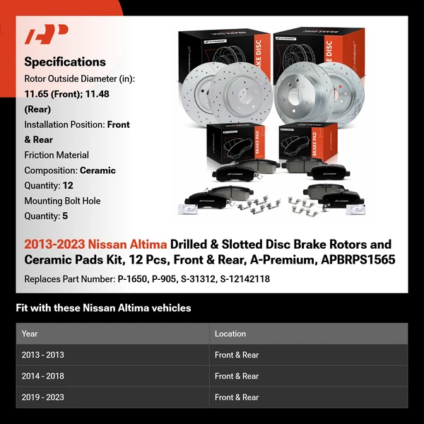 2013-2023 Nissan Altima Drilled & Slotted Disc Brake Rotors and Ceramic Pads Kit, 12 Pcs, Front & Rear, A-Premium, APBRPS1565