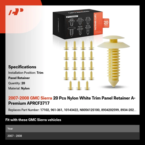 2007-2008 GMC Sierra 20 Pcs Nylon White Trim Panel Retainer A-Premium APRCF3717