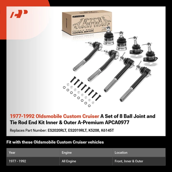 1977-1992 Oldsmobile Custom Cruiser A Set of 8 Ball Joint and Tie Rod End Kit Inner & Outer A-Premium APCA0977