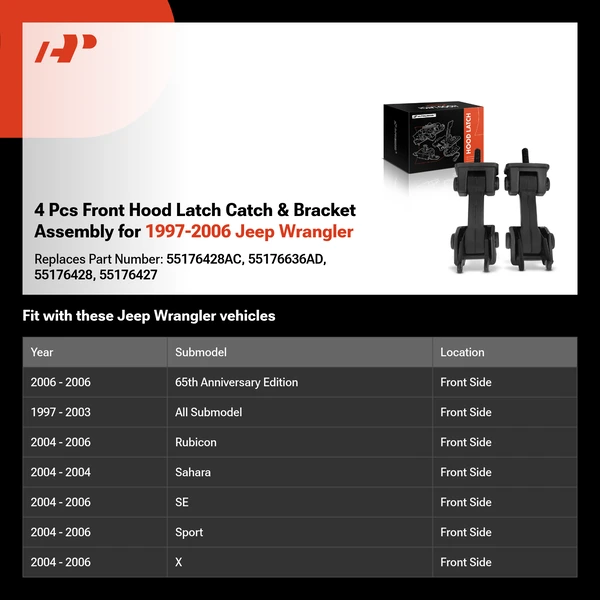 4 Pcs Front Hood Latch Catch & Bracket Assembly for 1997-2006 Jeep Wrangler