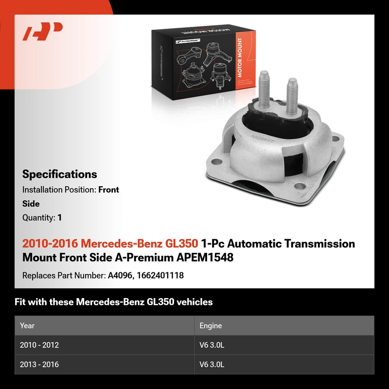 2010-2016 Mercedes-Benz GL350 1-Pc Automatic Transmission Mount Front Side A-Premium APEM1548