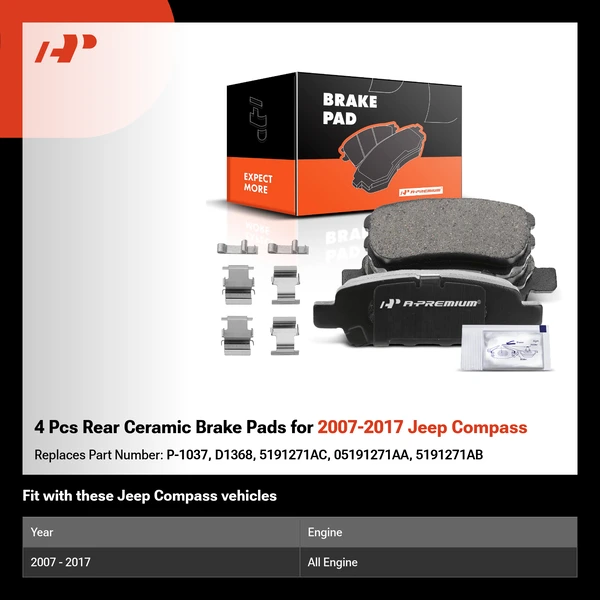 4 Pcs Rear Ceramic Brake Pads for 2007-2017 Jeep Compass