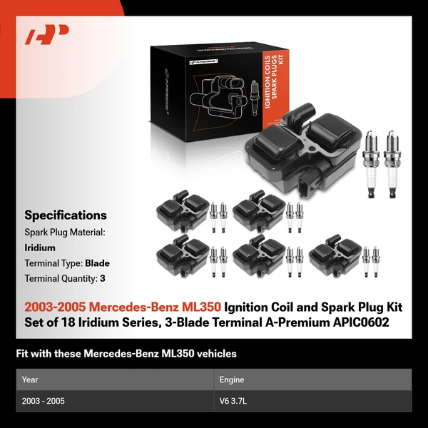 2003-2005 Mercedes-Benz ML350 Ignition Coil and Spark Plug Kit Set of 18 Iridium Series, 3-Blade Terminal A-Premium APIC0602