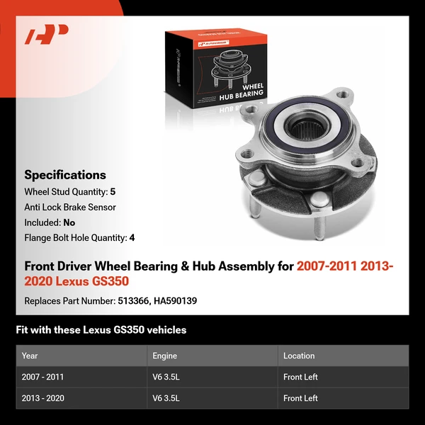 Front Driver Wheel Bearing & Hub Assembly for 2007-2011 2013-2020 Lexus GS350