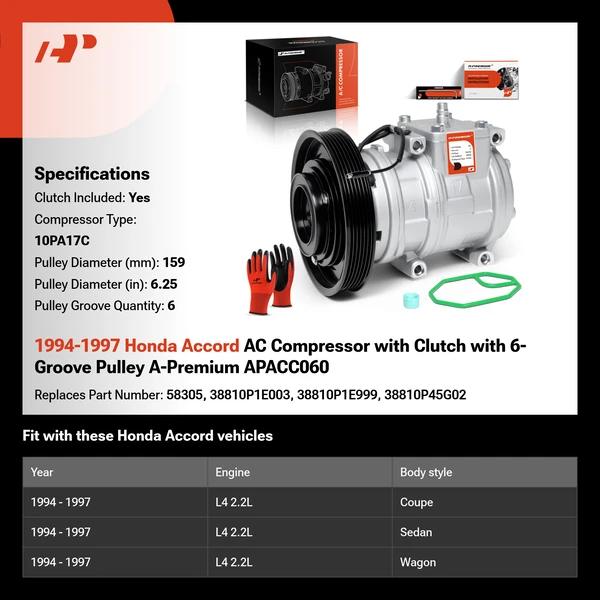 1994-1997 Honda Accord AC Compressor with Clutch with 6-Groove Pulley A-Premium APACC060