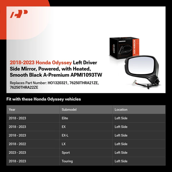 2018-2023 Honda Odyssey Left Driver Side Mirror, Powered, with Heated, Smooth Black A-Premium APMI1093TW