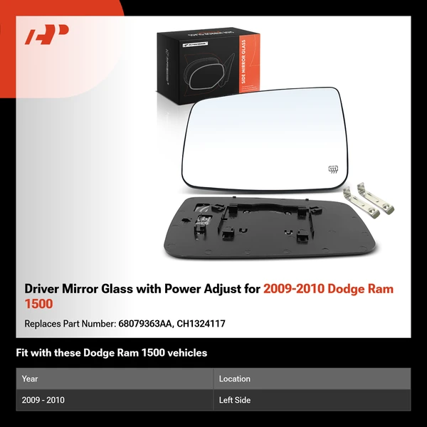 Driver Mirror Glass with Power Adjust for 2009-2010 Dodge Ram 1500