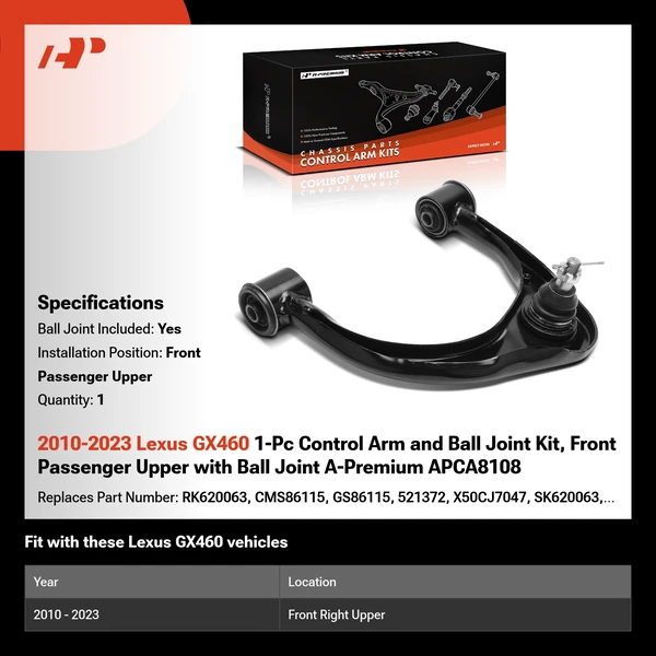 2010-2023 Lexus GX460 1-Pc Control Arm and Ball Joint Kit, Front Passenger Upper with Ball Joint A-Premium APCA8108