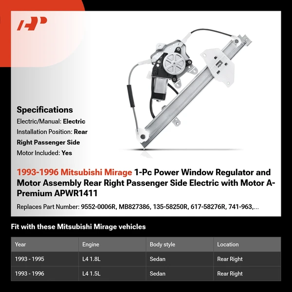 1993-1996 Mitsubishi Mirage 1-Pc Power Window Regulator and Motor Assembly Rear Right Passenger Side Electric with Motor A-Premium APWR1411