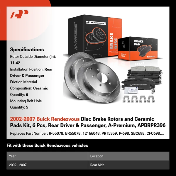 2002-2007 Buick Rendezvous Disc Brake Rotors and Ceramic Pads Kit, 6 Pcs, Rear Driver & Passenger, A-Premium, APBRPR396