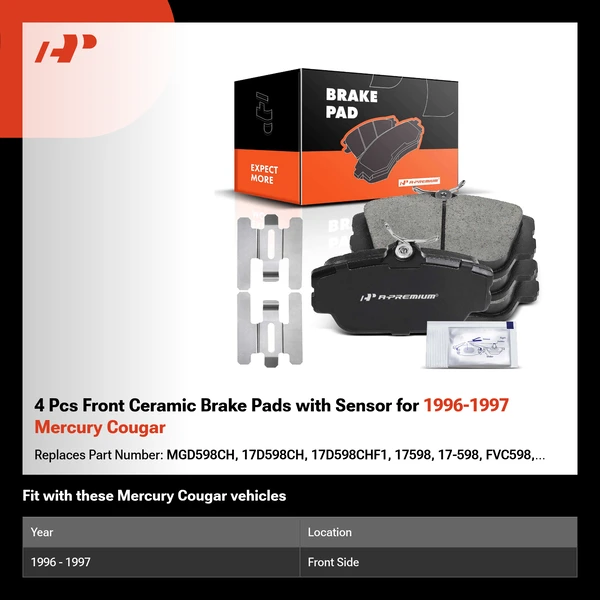 4 Pcs Front Ceramic Brake Pads with Sensor for 1996-1997 Mercury Cougar