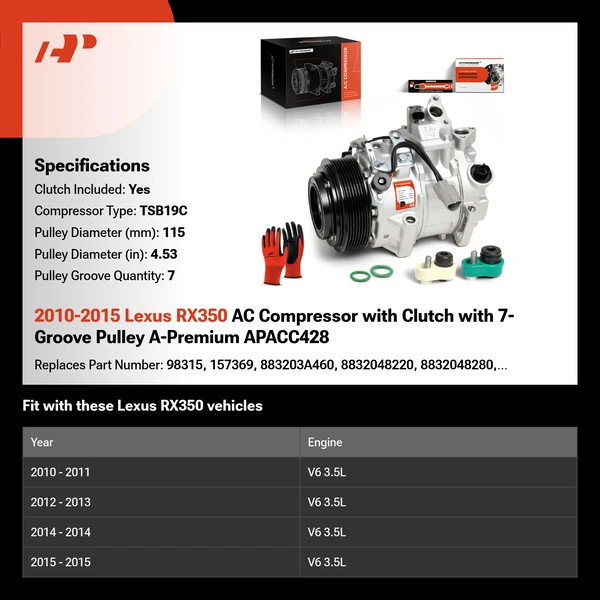 2010-2015 Lexus RX350 AC Compressor with Clutch with 7-Groove Pulley A-Premium APACC428
