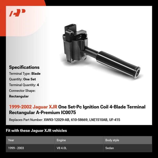 1999-2002 Jaguar XJR One Set-Pc Ignition Coil 4-Blade Terminal Rectangular A-Premium IC0075