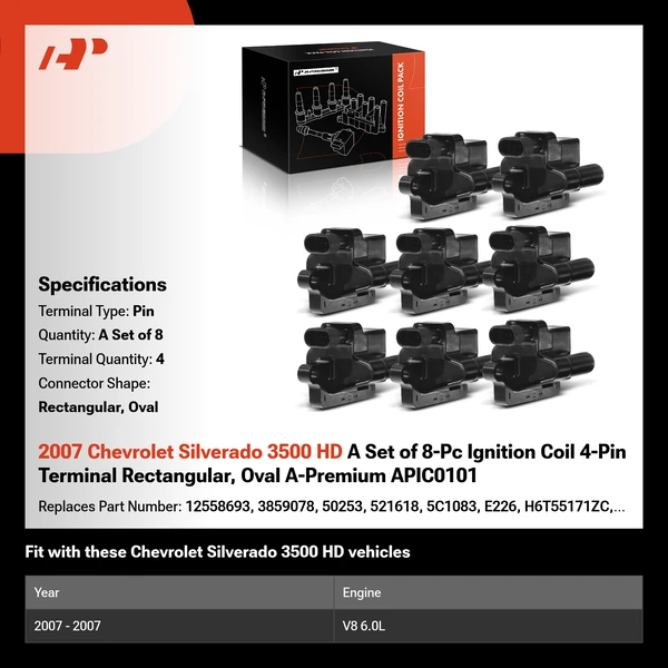 2007 Chevrolet Silverado 3500 HD A Set of 8-Pc Ignition Coil 4-Pin Terminal Rectangular, Oval A-Premium APIC0101